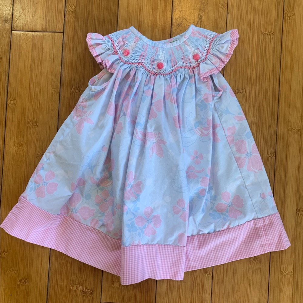 Classic Whismy Blue Pink and White Floral Bunny Smocked Dress